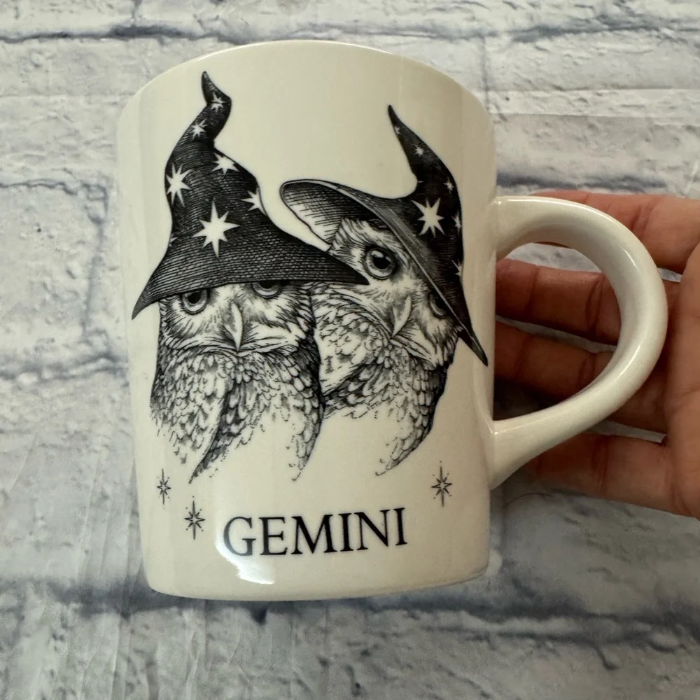 Williams Sonoma large mug Gemini, black and white with owl motif
